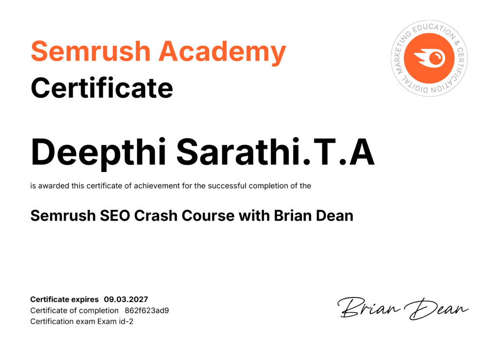 exam certificate semrush new